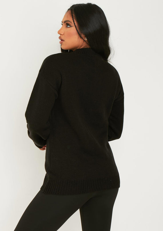 Missyempire Jenna Black Knitted 'Santas Favourite Ho' Oversized Jumper