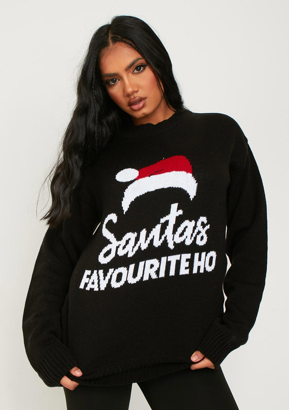 missyempire Jenna Black Knitted 'Santas Favourite Ho' Oversized Jumper