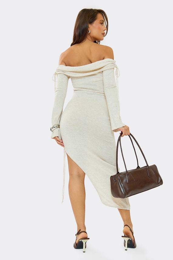 Missyempire Jessy Beige Fold Over Side Ruched Midi Dress