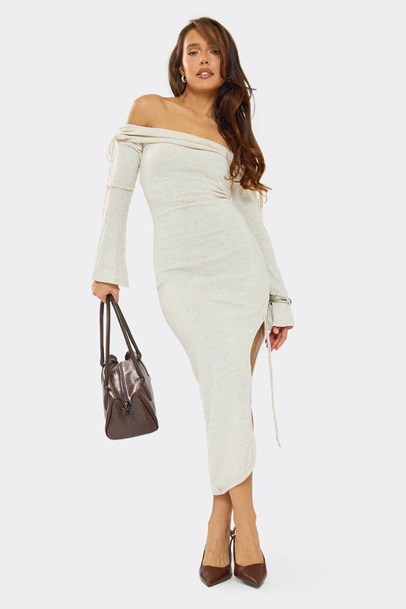 Missyempire Jessy Beige Fold Over Side Ruched Midi Dress