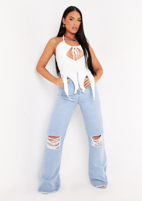 missyempire Justine Light Blue Wash Wide Leg Ripped Denim Jeans