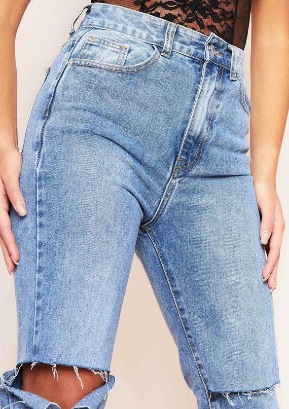Missyempire Kady Dark Blue Mid Wash Slashed Knee Straight Leg Jeans