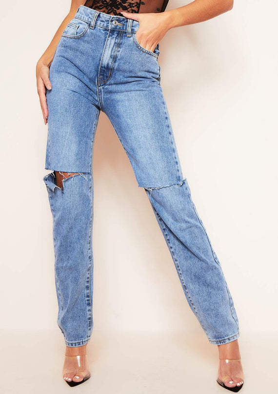 Missyempire Kady Dark Blue Mid Wash Slashed Knee Straight Leg Jeans