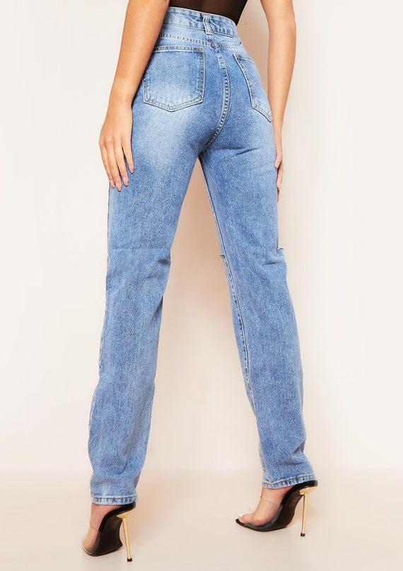 Missyempire Kady Dark Blue Mid Wash Slashed Knee Straight Leg Jeans