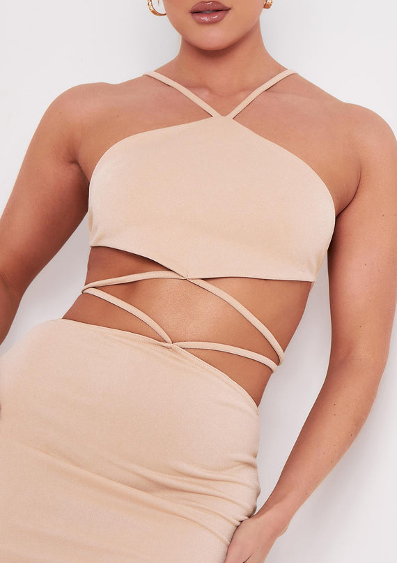 Missyempire Kaiya Stone Cross Strap Pointed Hem Crop Top