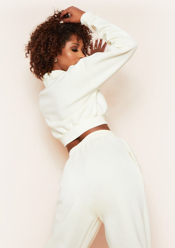 Missyempire Kara Buttercream High Neck Embroidered Cropped Sweatshirt