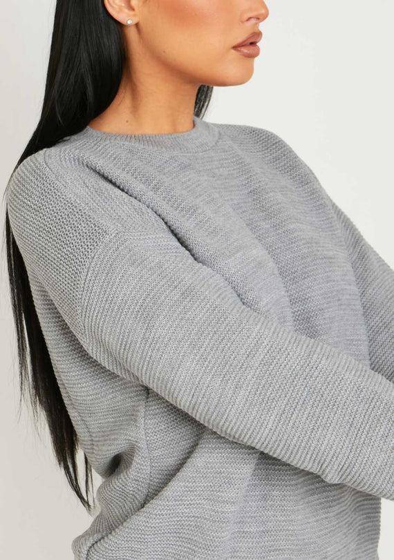 Missyempire Kara Grey Ribbed Loose Fit Knitted Crew Neck Jumper