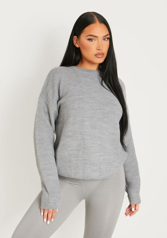 Missyempire Kara Grey Ribbed Loose Fit Knitted Crew Neck Jumper