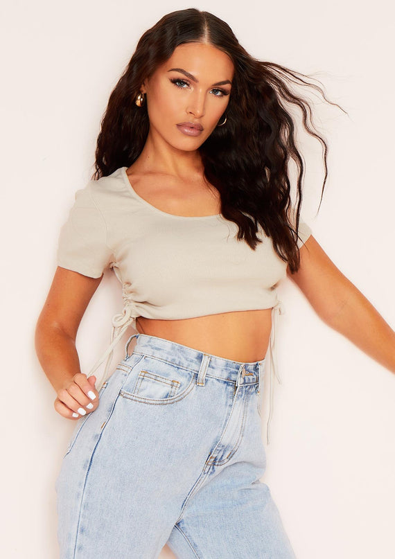 Missyempire Karin Beige Ruched Side Crop Ribbed T-Shirt