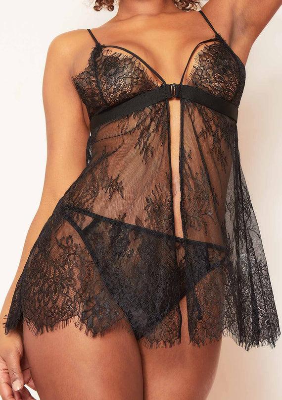Missyempire Karmen Black Lace Front Babydoll Slip Top And Knicker Set