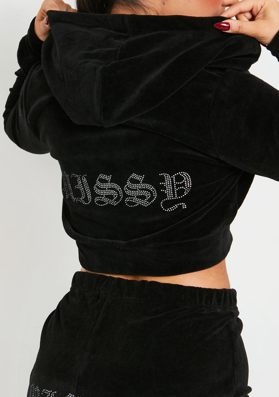 Missyempire Kasey Black Velour Missy Gem Embellished Cropped Zip Through Hoodie