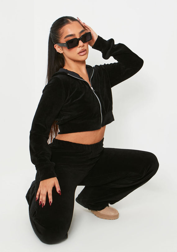 Missyempire Kasey Black Velour Missy Gem Embellished Cropped Zip Through Hoodie
