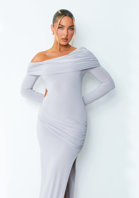 Missyempire Kate Grey Off The Shoulder Fold Over Cut Out Maxi Dress