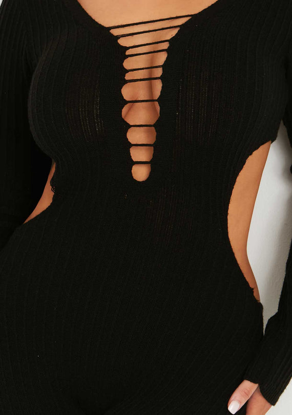 Missyempire Katya Black Knitted Long Sleeve Cut Out Side Jumpsuit