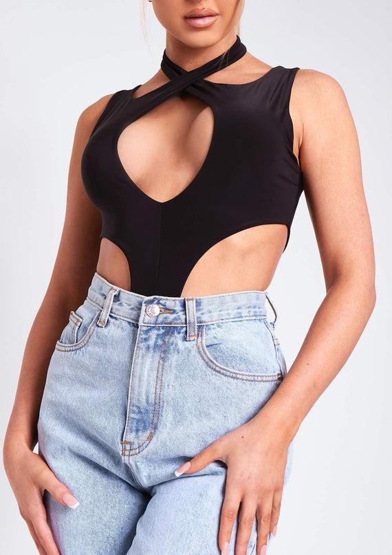 Missyempire Kayleigh Black Double Layer Cross Over Bodysuit