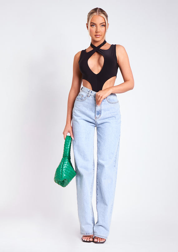 Missyempire Kayleigh Black Double Layer Cross Over Bodysuit