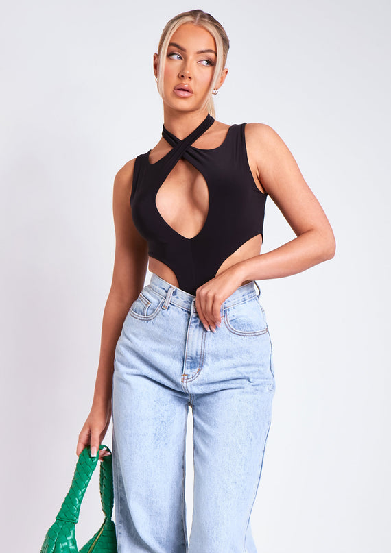 missyempire Kayleigh Black Double Layer Cross Over Bodysuit