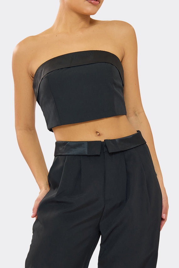 Missyempire Kaysie Black Satin Fold Over Bandeau Top