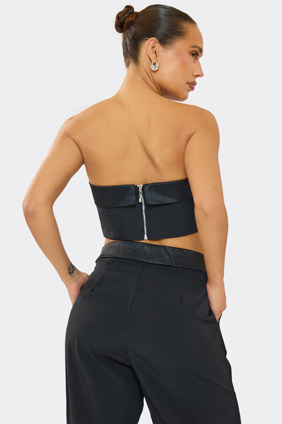 Missyempire Kaysie Black Satin Fold Over Bandeau Top