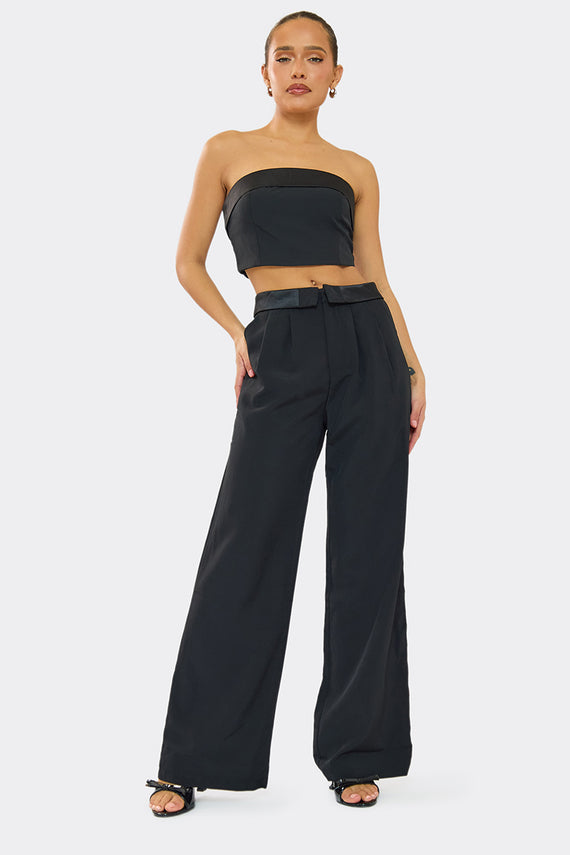 Missyempire Kaysie Black Satin Fold Over Bandeau Top