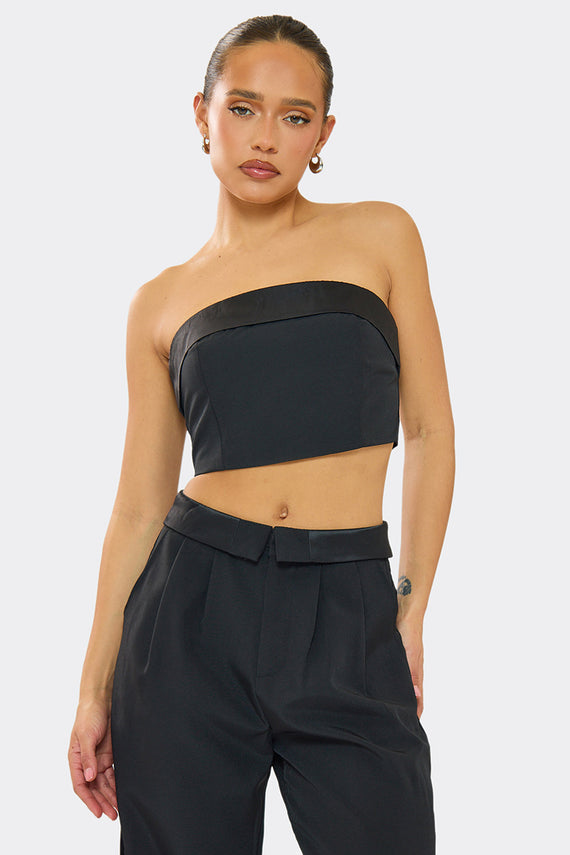 missyempire Kaysie Black Satin Fold Over Bandeau Top