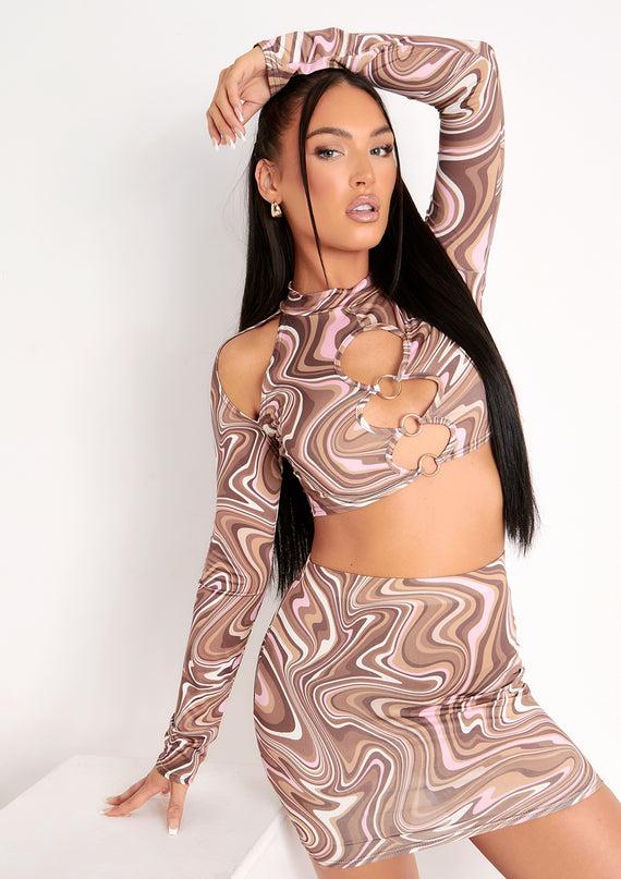 missyempire Keeley Brown Swirl Print Cut Out Long Sleeve Crop Top