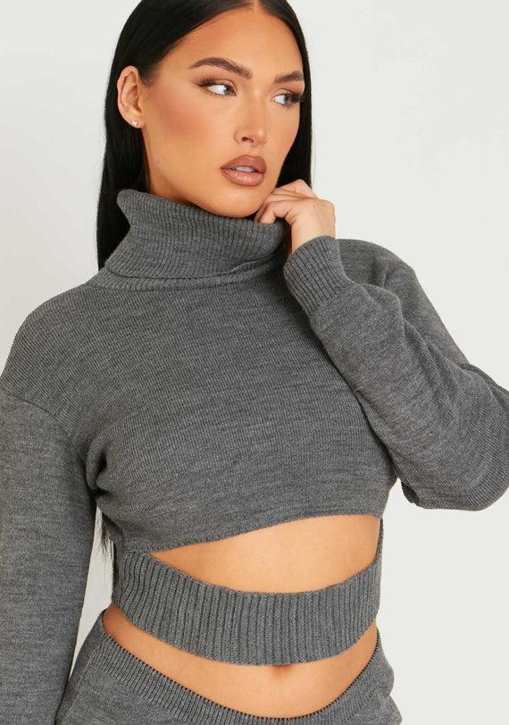 Missyempire Keilani Grey Knitted Crop Jumper Co-ord