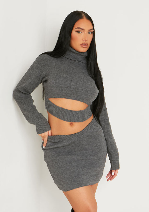 missyempire Keilani Grey Knitted Crop Jumper Co-ord