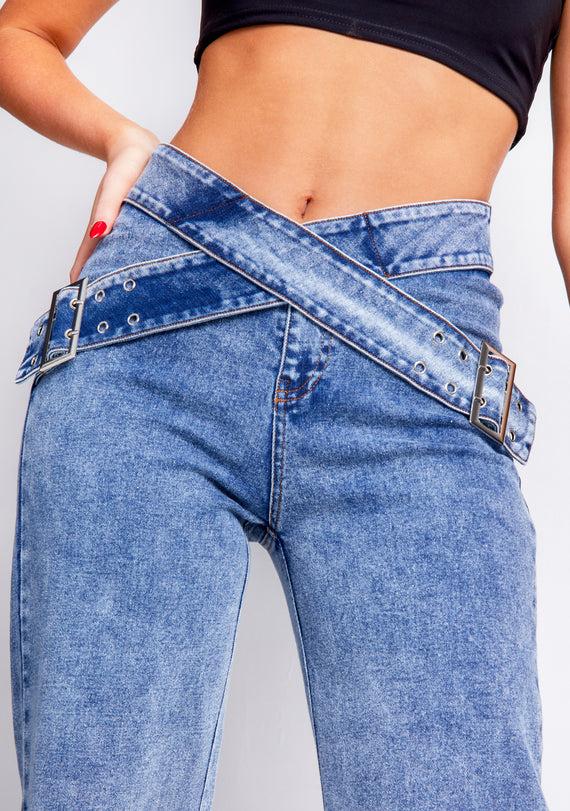 Missyempire Kiki Blue Light Wash Denim Cross Over Belt Straight Leg Jeans