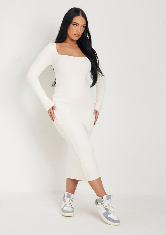 Missyempire Kim Cream Knit Square Neck Long Sleeve Midi Dress