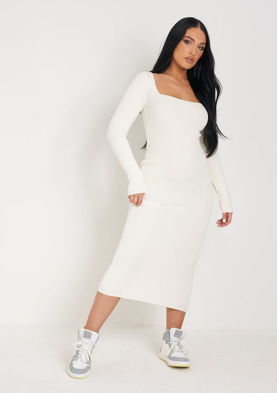 missyempire Kim Cream Knit Square Neck Long Sleeve Midi Dress