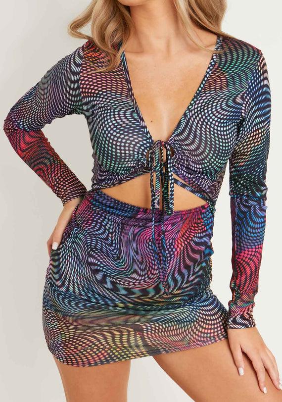 Missyempire Klyah Multi Abstract Print Long Sleeve Cross Front Mini Dress