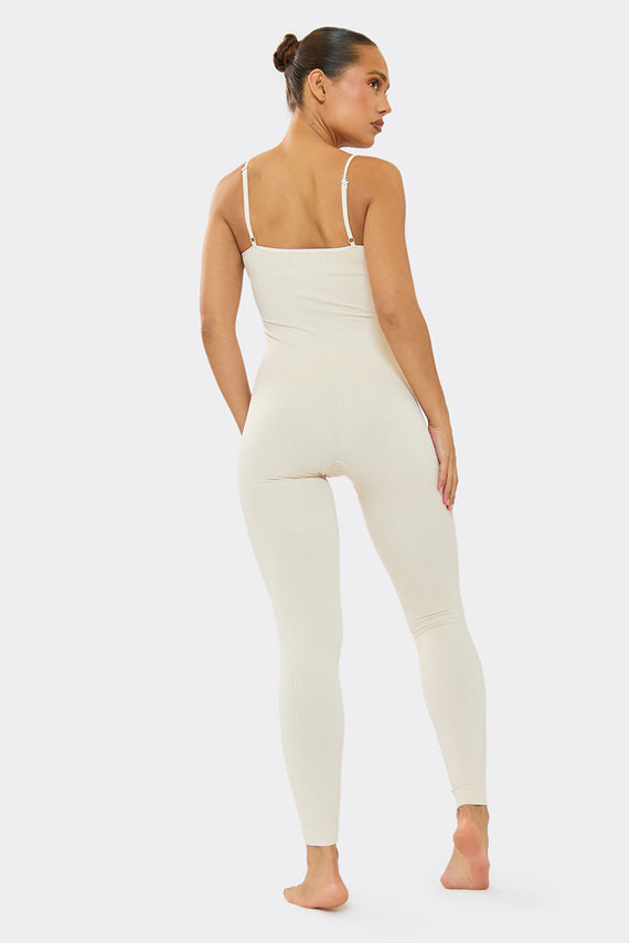 Missyempire Kora Cream Ribbed Seamless Strappy Jumpsuit