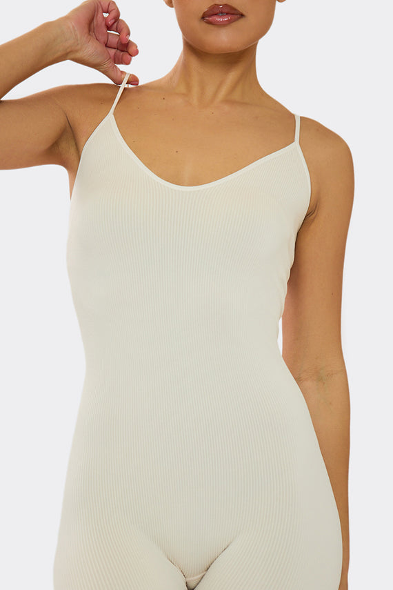 Missyempire Kora Cream Ribbed Seamless Strappy Jumpsuit