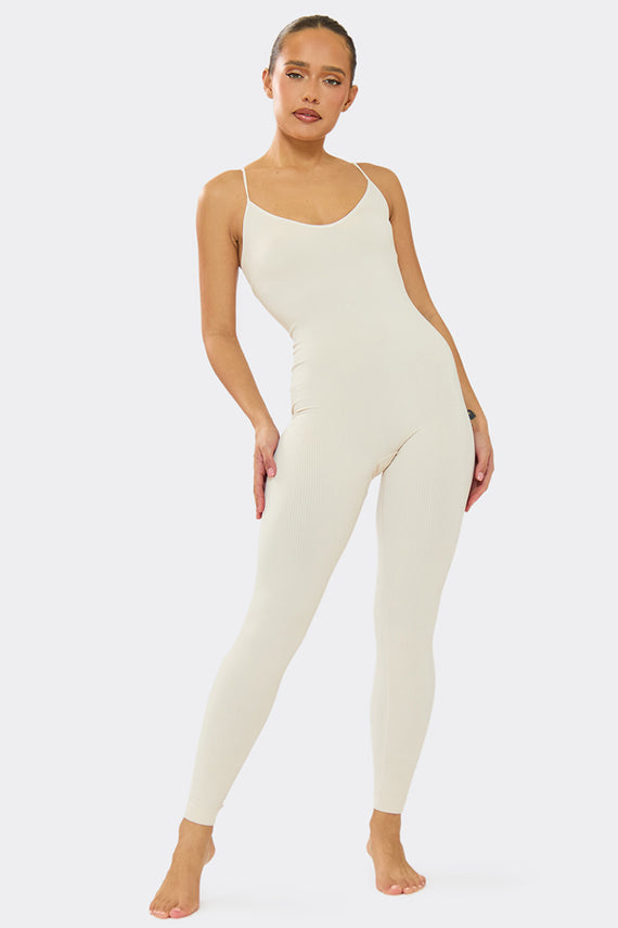 Missyempire Kora Cream Ribbed Seamless Strappy Jumpsuit