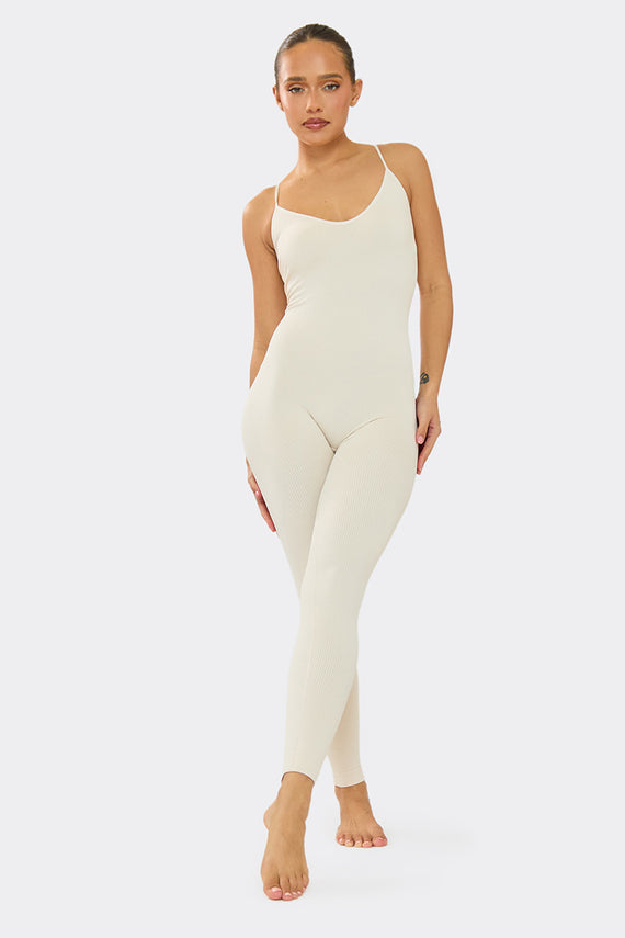 missyempire Kora Cream Ribbed Seamless Strappy Jumpsuit