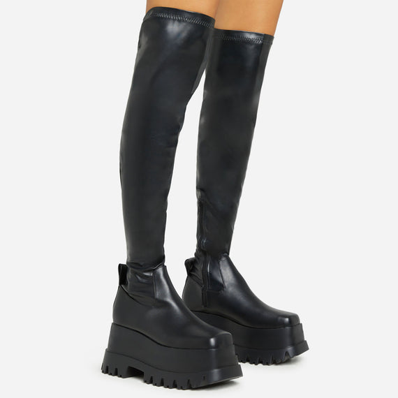 missyempire Kriss Chunky Platform Sole Over The Knee Thigh High Long Boot In Black Faux Leather