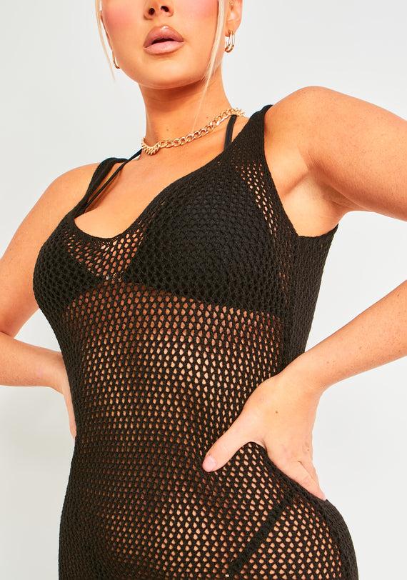 Missyempire Lana Black Crochet Side Split Maxi Dress