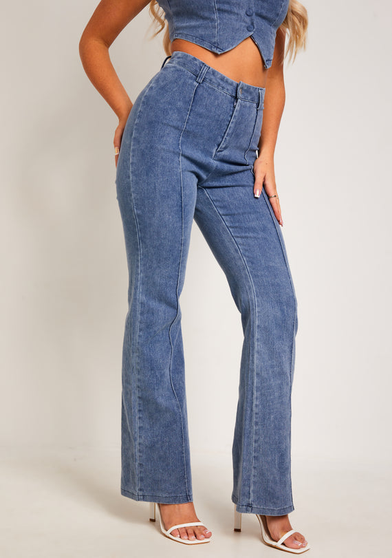 Missyempire Latesha Blue Denim Bootcut Seam Detail Jeans