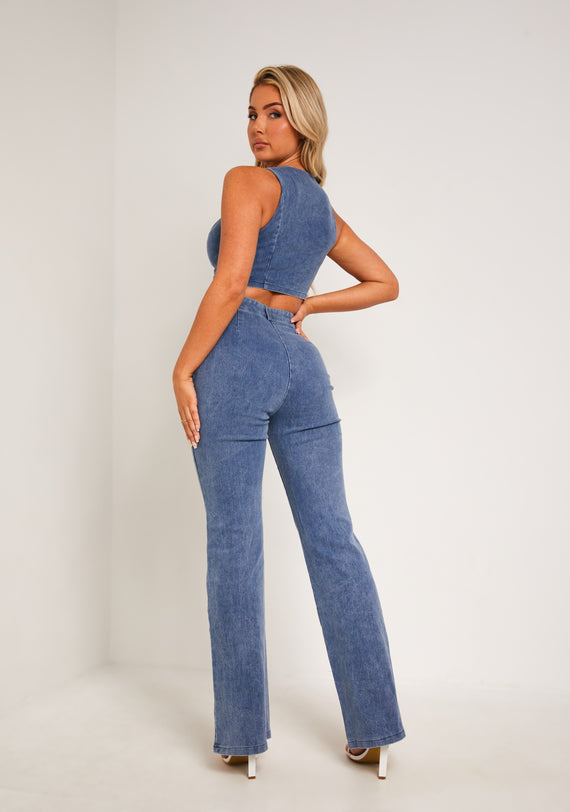 Missyempire Latesha Blue Denim Bootcut Seam Detail Jeans