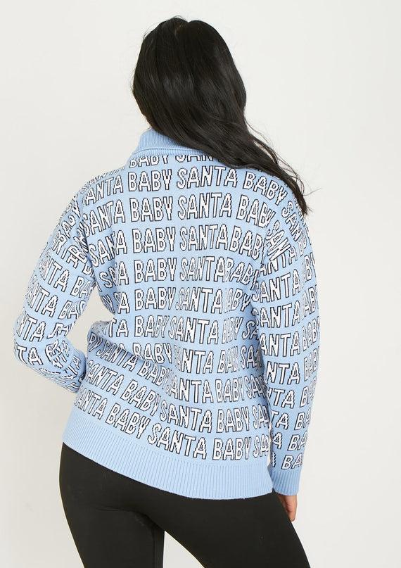 Missyempire Lauri Blue Knitted 'Santa Baby' High Neck Jumper
