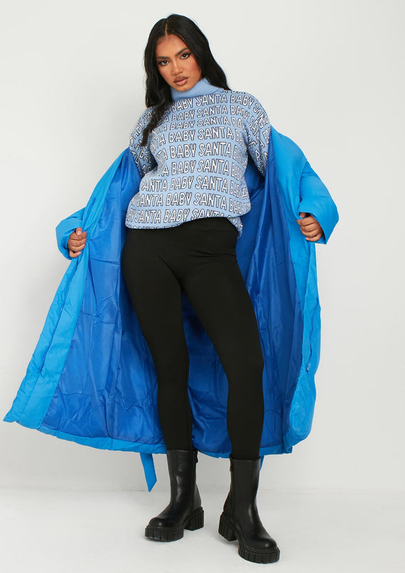 Missyempire Lauri Blue Knitted 'Santa Baby' High Neck Jumper