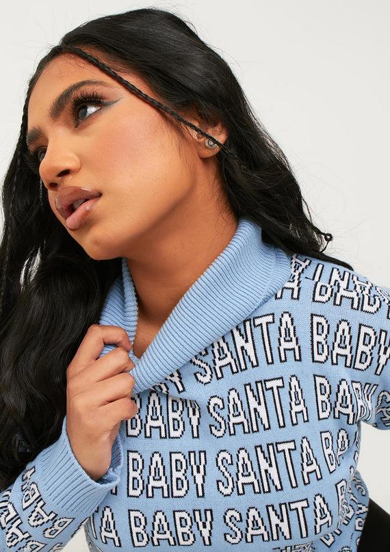 Missyempire Lauri Blue Knitted 'Santa Baby' High Neck Jumper