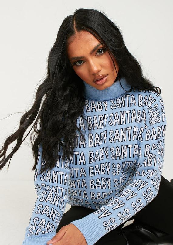 missyempire Lauri Blue Knitted 'Santa Baby' High Neck Jumper