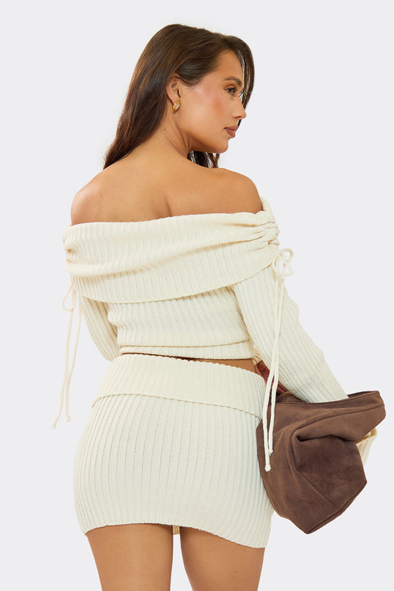 Missyempire Lauryn Cream Knitted Bardot Fold Down Jumper