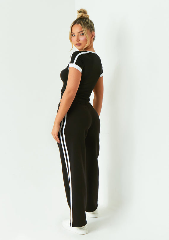 Missyempire Layla Black Contrast Side Stripe Wide Leg Jogger