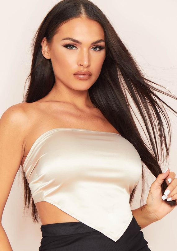 Missyempire Layla Champagne Satin Tie Back Crop Top