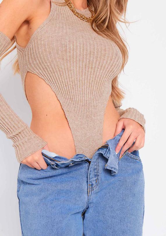Missyempire Layna Beige Rib Knitted High Leg Bodysuit With Sleeves