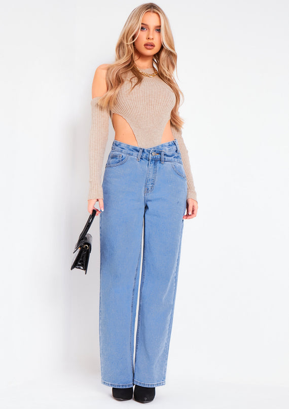 missyempire Layna Beige Rib Knitted High Leg Bodysuit With Sleeves