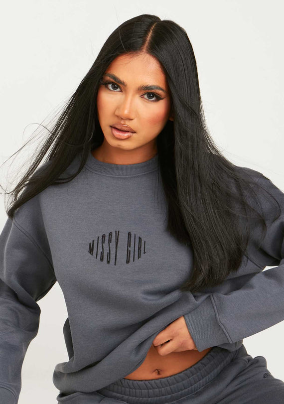 Missyempire Leah Charcoal Missy Girl Embroidered Oversized Sweatshirt